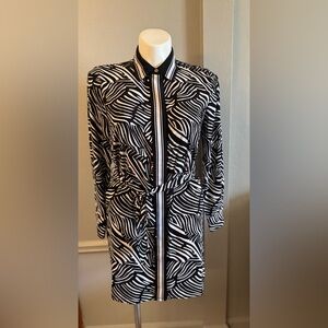 Michael Kors Black & White Long Sleeve Shirt Dress with Tie Waist Zebra